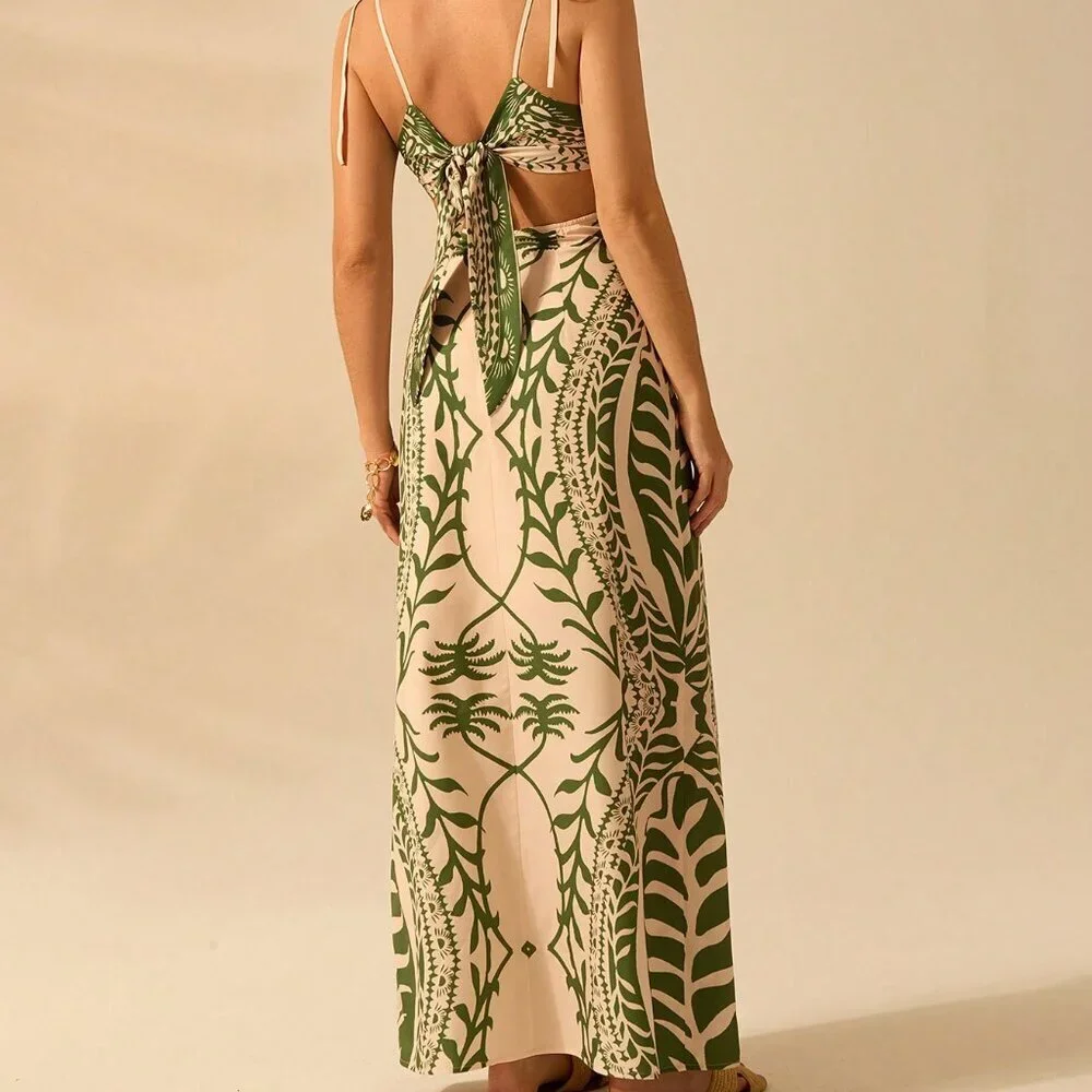 Green Boho Women's Coconut Print Hollow Waist Back Binding Sleeveless Dress